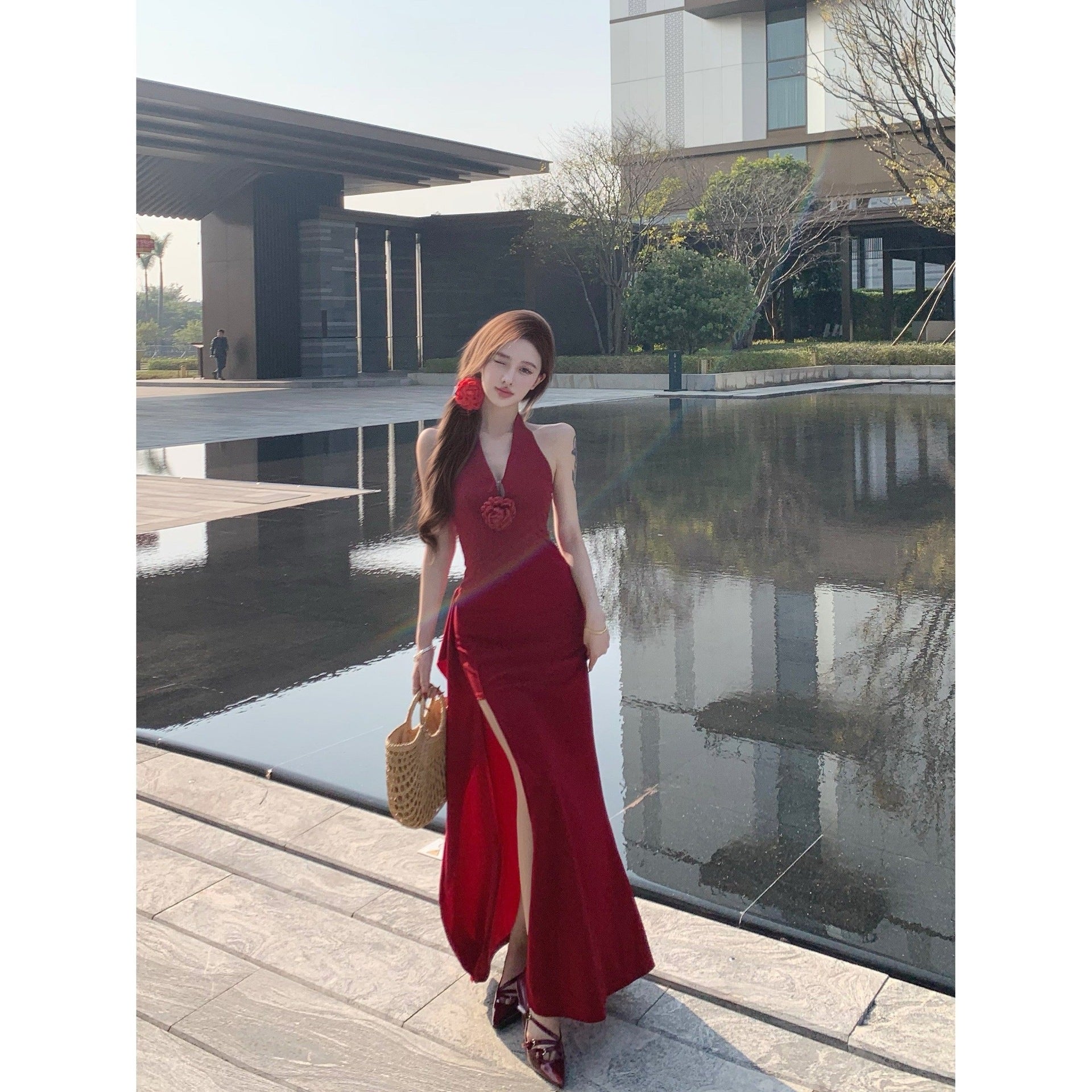 Halter neck slit bodycon summer dress for women