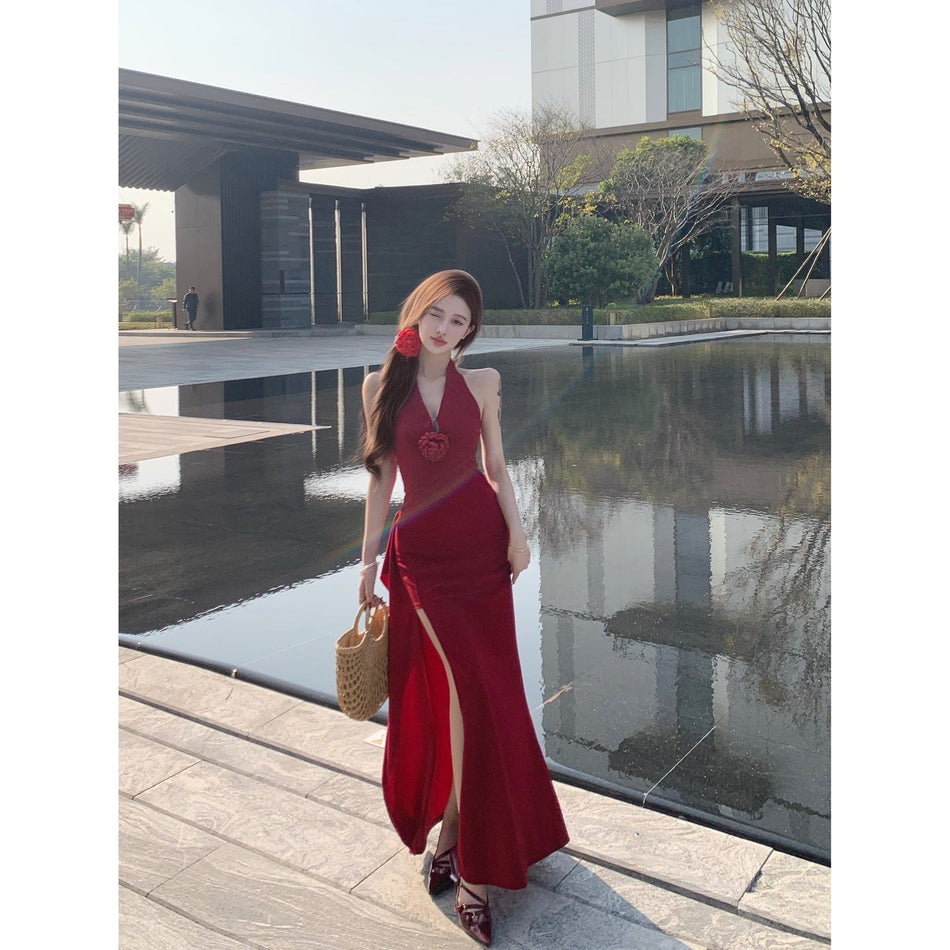 Halter neck slit bodycon summer dress for women