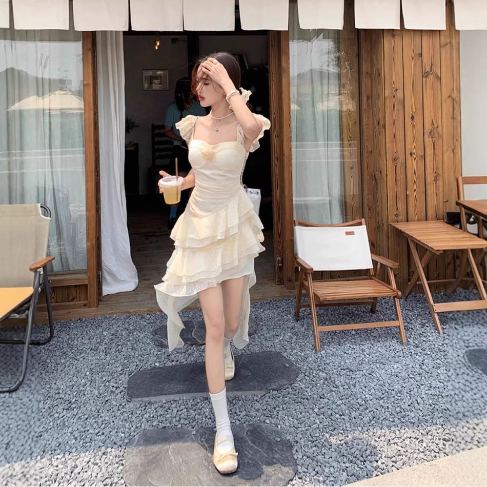 Sweet Lace Square Neck Floral Flutter Summer Dress