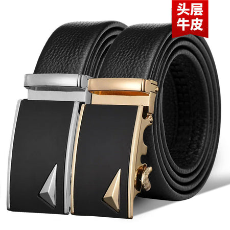 Men's genuine leather belt with dk- black gold buckle - automatic buckle design for casual and formal wear