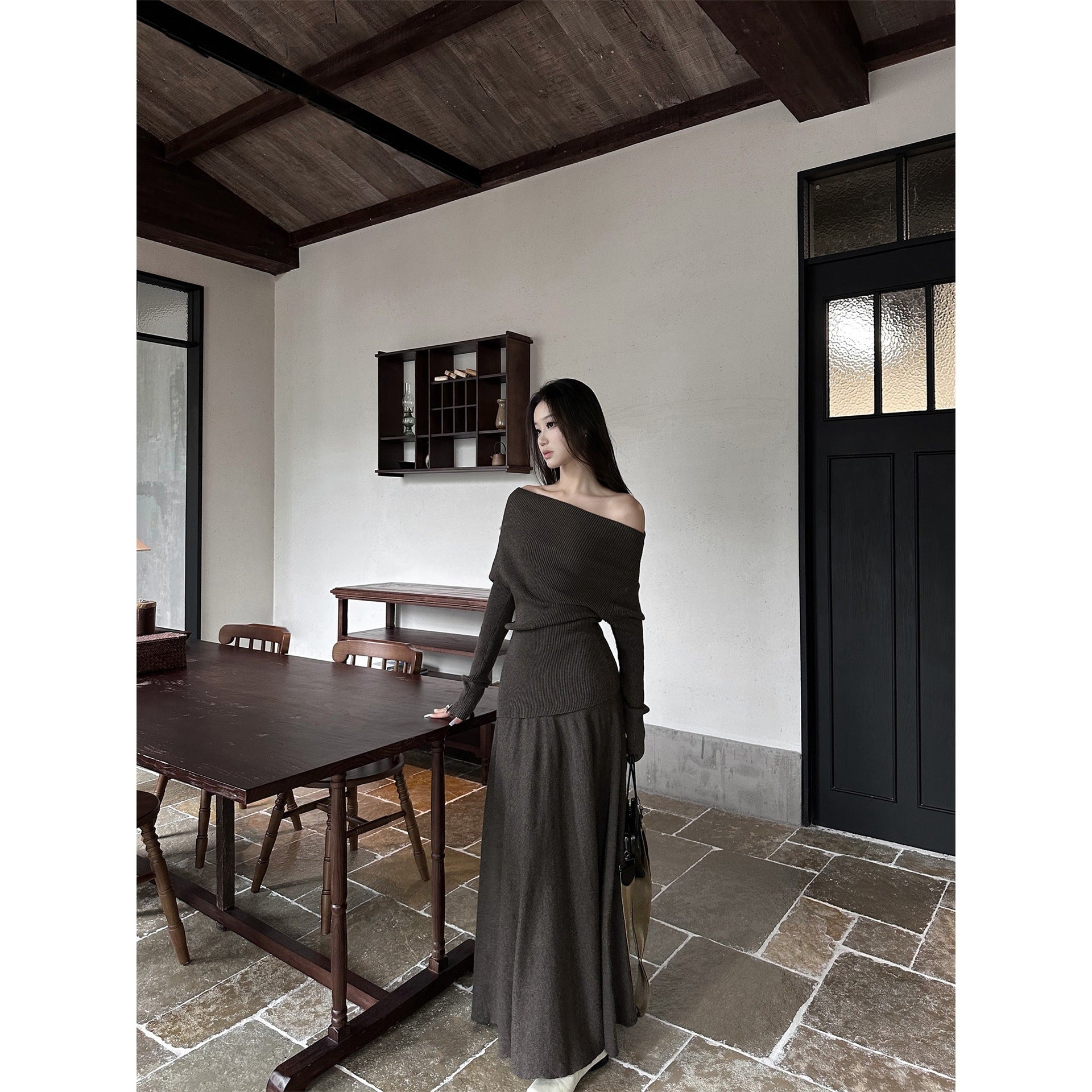 One-shoulder knitted french slim long dress women