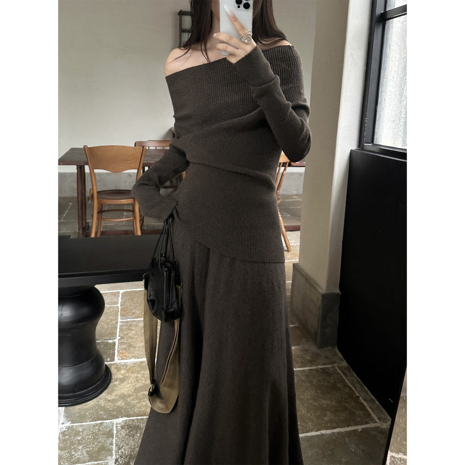 One-Shoulder Knitted French Slim Long Dress Women