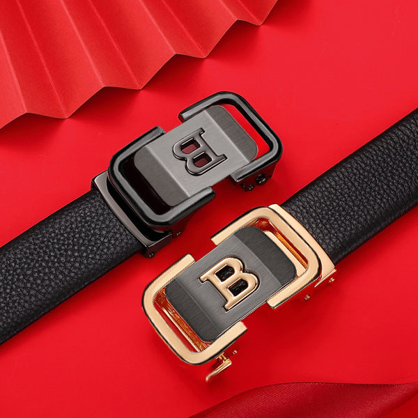 Men's genuine leather belt with black gold buckle - automatic buckle design for casual and formal wear