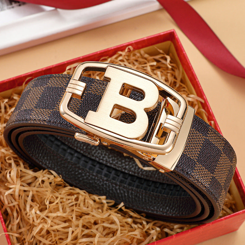 Men's genuine leather belt with brown gold buckle - automatic buckle design for casual and formal wear