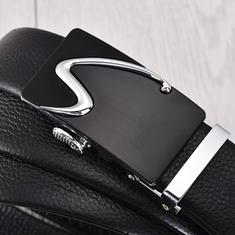 Men's genuine leather belt with dk- black gold buckle - automatic buckle design for casual and formal wear