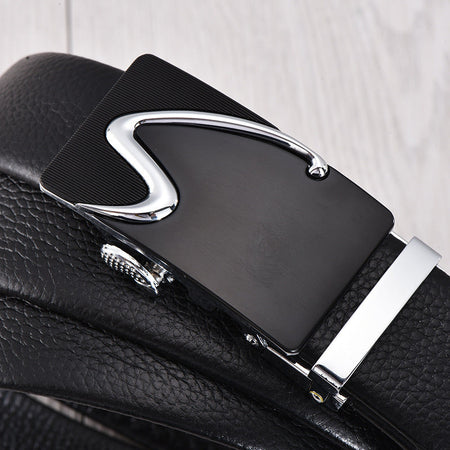 Men's genuine leather belt with dk- black gold buckle - automatic buckle design for casual and formal wear