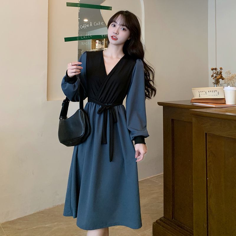 Korean style v-neck slim waist midi dress women