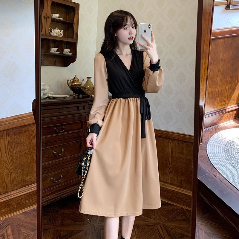 Korean Style V-Neck Slim Waist Midi Dress Women