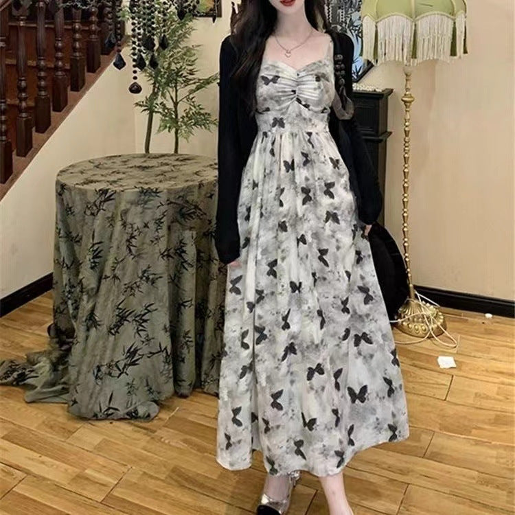 Plus size french printed sling summer long dress