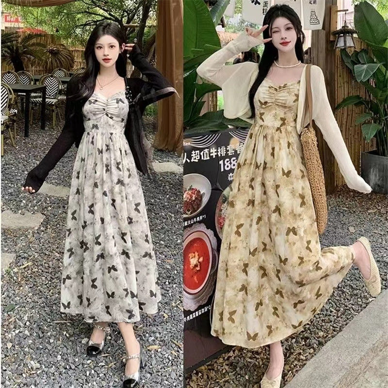 Plus Size French Printed Sling Summer Long Dress