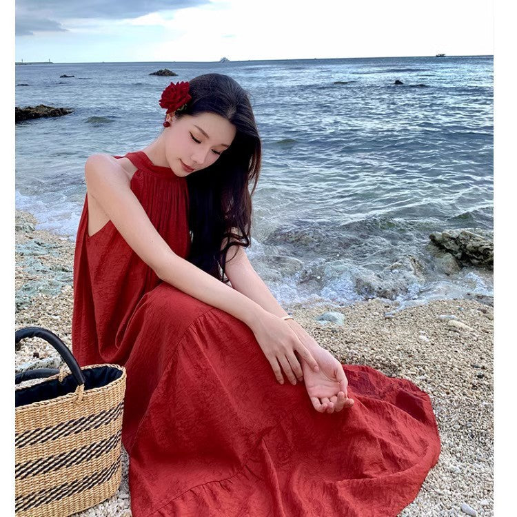 Red halterneck dress chinese retro red neck elegant summer long dress
