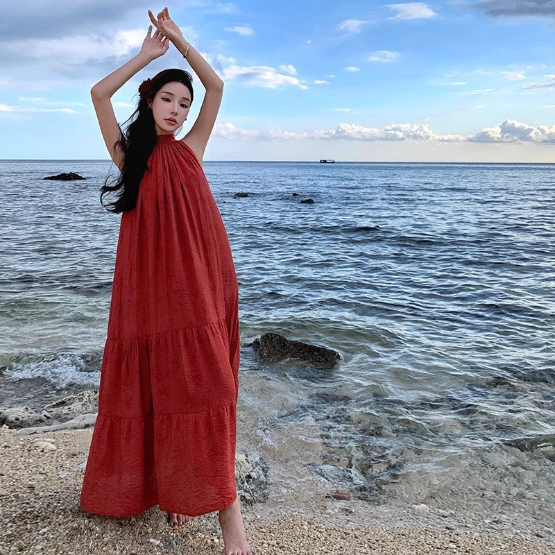 Chinese Retro Red Neck Elegant Summer Long Dress