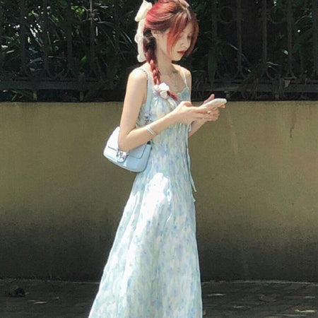 Blue floral sling summer dress slim waist women