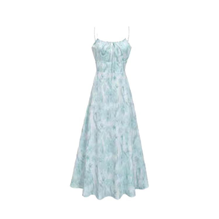 Blue Floral Sling Summer Dress Slim Waist Women