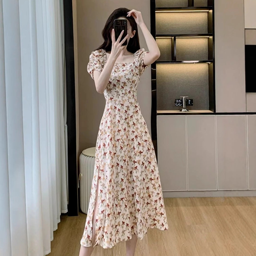 Retro floral puff sleeve split summer dress women