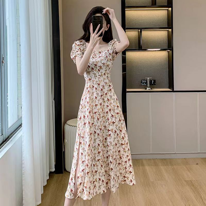 Retro Floral Puff Sleeve Split Summer Dress Women