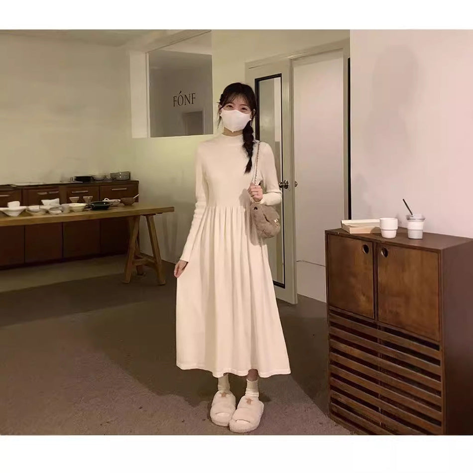 Apricot slim knitted turtleneck sweater dress women winter