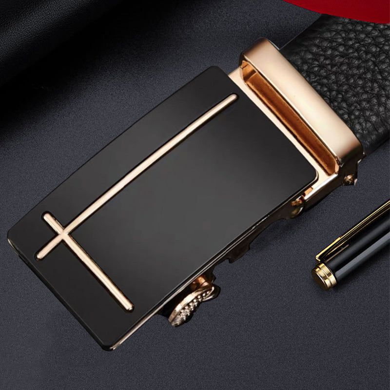 Men's genuine leather belt with dk-07 black gold buckle - automatic buckle design for casual and formal wear