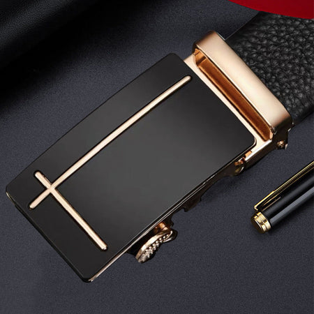 Men's genuine leather belt with dk-07 black gold buckle - automatic buckle design for casual and formal wear