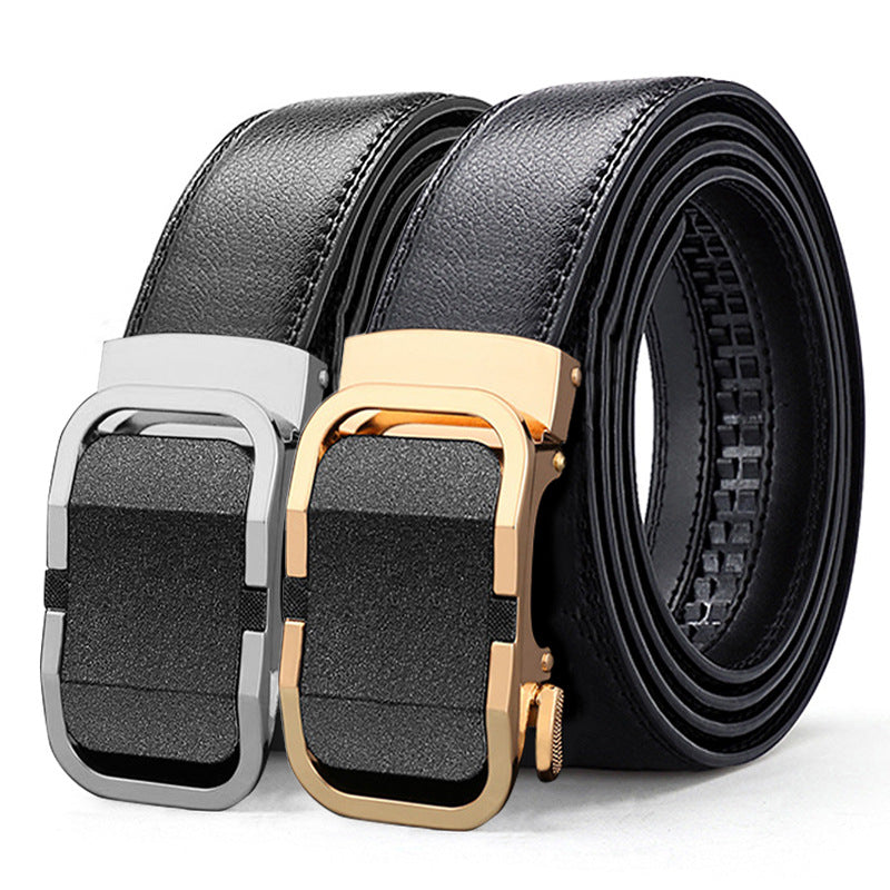 Men's genuine leather belt with black gold buckle - automatic buckle design for casual and formal wear