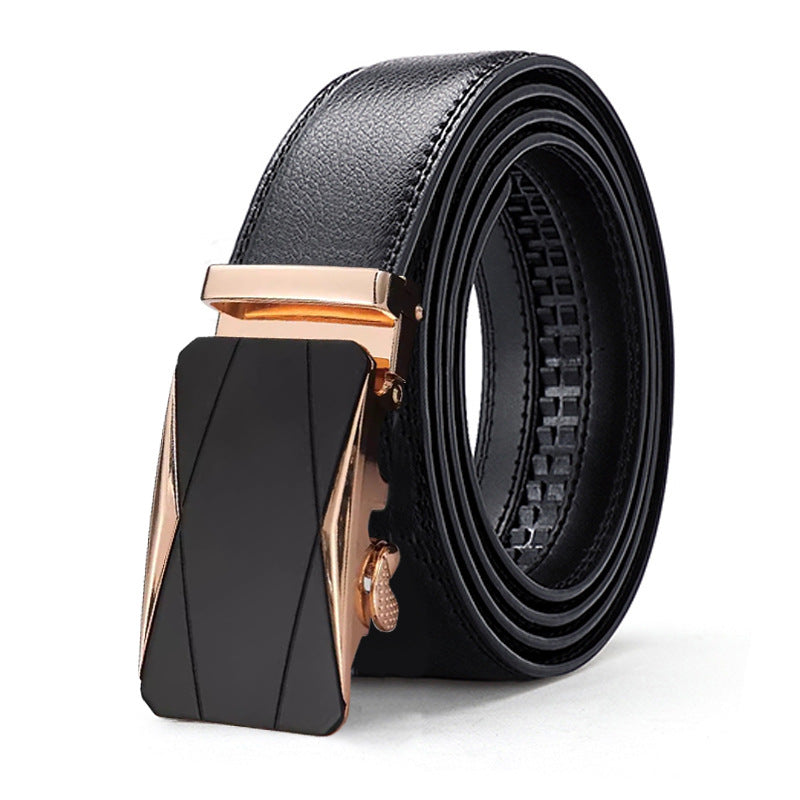 Men's genuine leather belt with black gold buckle - automatic buckle design for casual and formal wear
