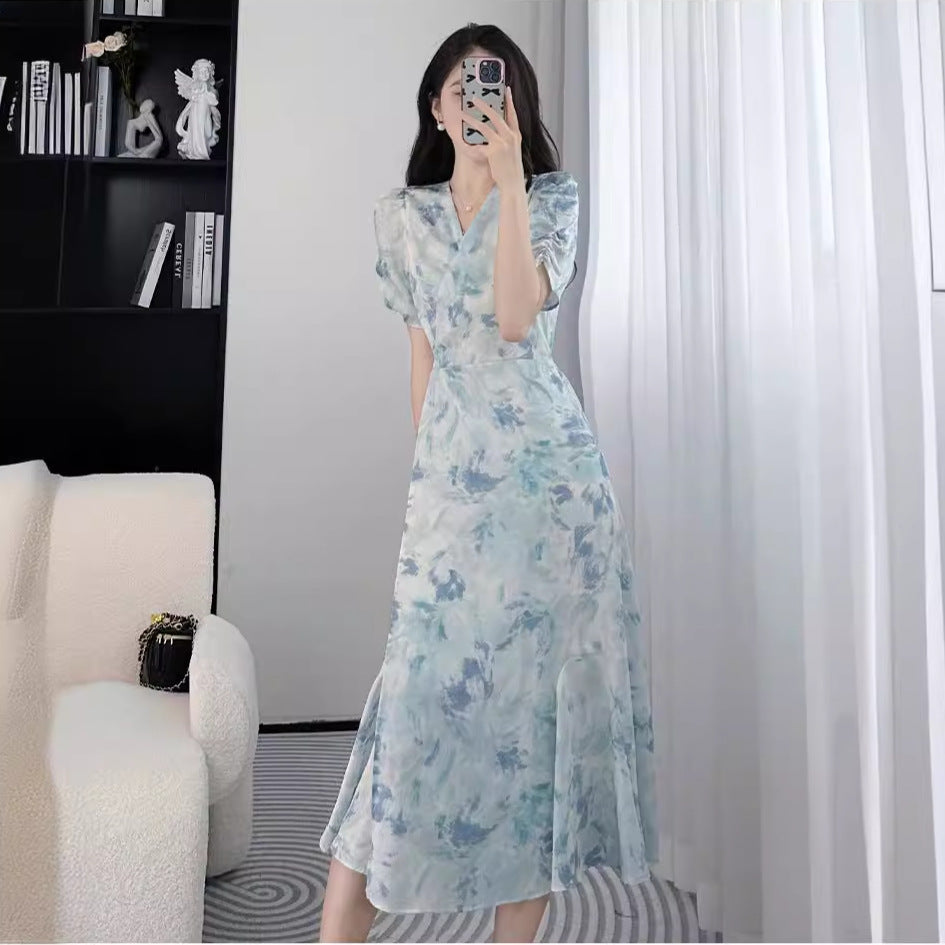 Sky blue plus size v-neck floral fishtail summer dress women