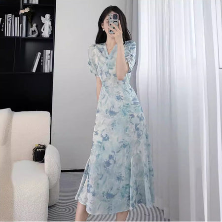 Sky blue plus size v-neck floral fishtail summer dress women
