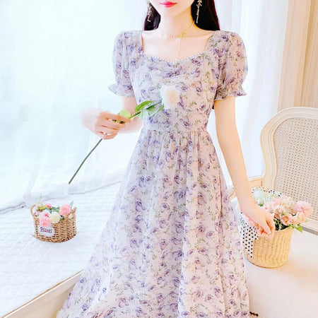 Purple french beaded square collar floral midi dress women
