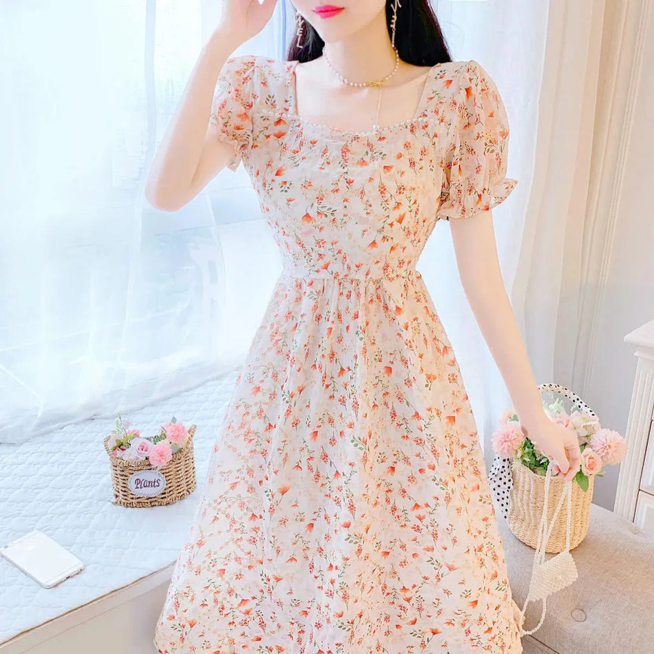 French Beaded Square Collar Floral Midi Dress Women