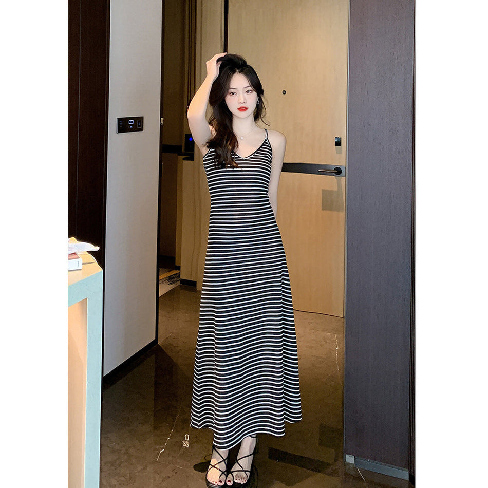 Black White Stripe Knitted Sling A-Line Summer Dress