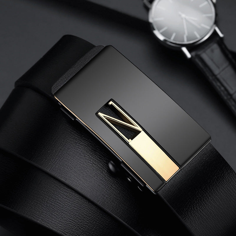 Men's genuine leather belt with black gold buckle - automatic buckle design for casual and formal wear