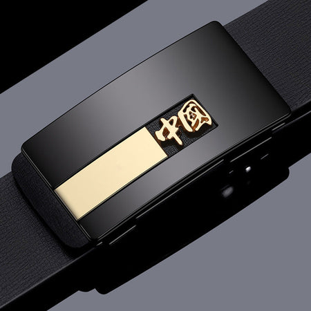 Men's genuine leather belt with black gold buckle (no logo) - automatic buckle design for casual and formal wear