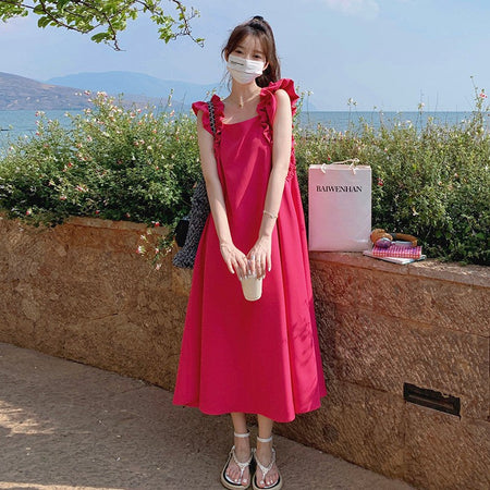 Dragon fruit french square collar summer dress women