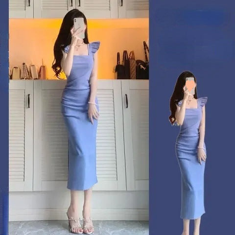 Blue french square collar split slim fit summer dress women