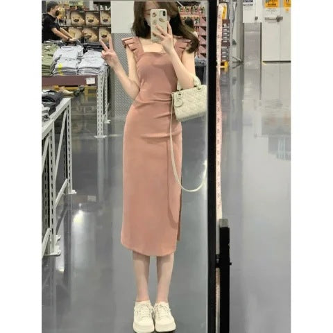 French Square Collar Split Slim Fit Summer Dress Women