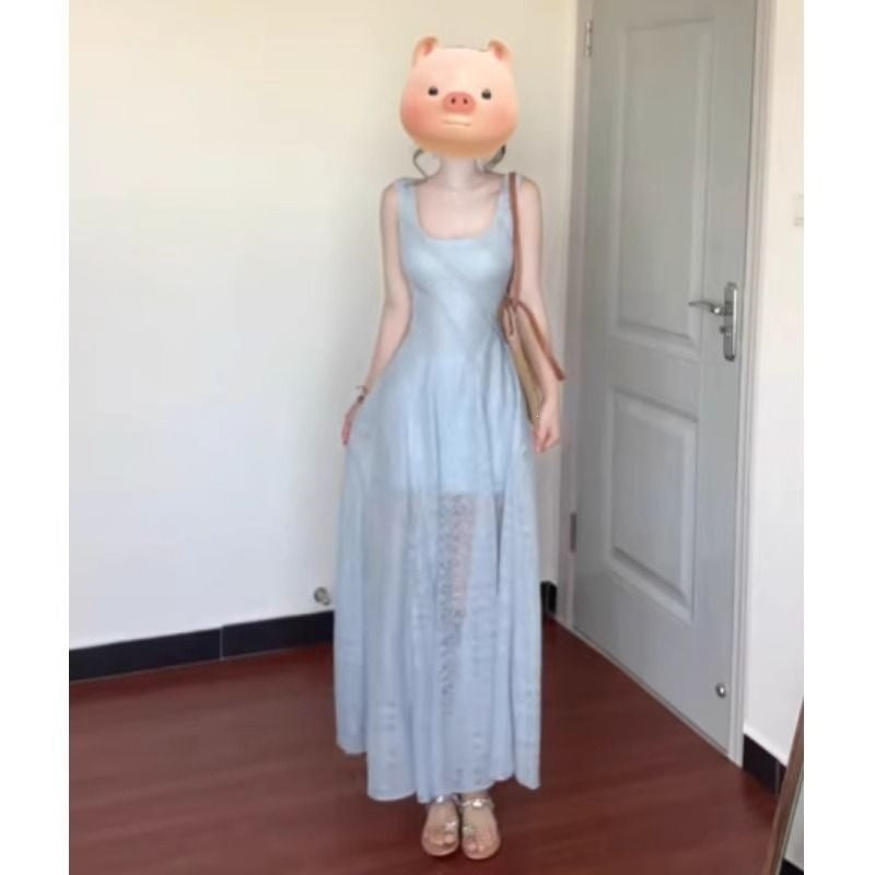 French Blue Square Collar Suspender Summer Dress