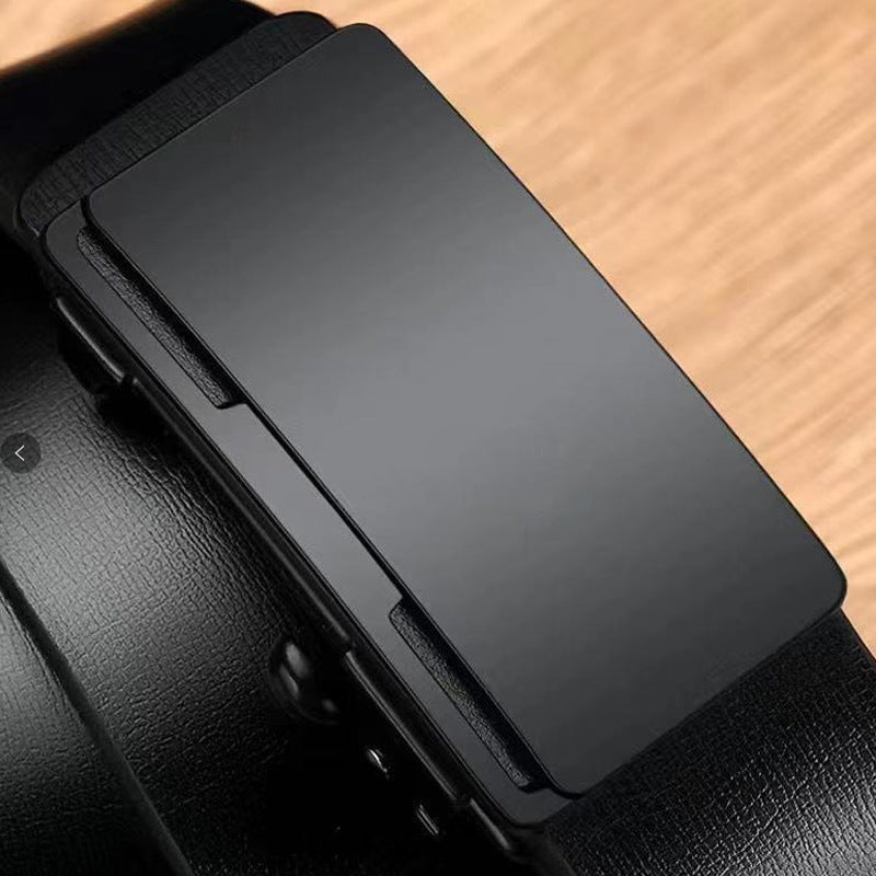Men's genuine leather belt with black - automatic buckle design for casual and formal wear