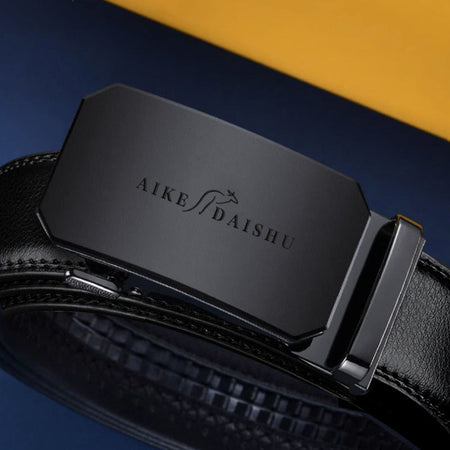 Men's genuine leather belt with black gun buckle - automatic buckle design for casual and formal wear