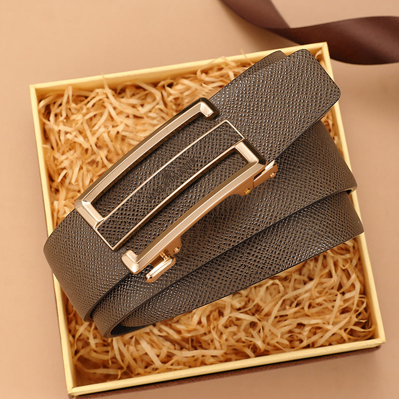 Men's genuine leather belt with brown gold buckle (kangaroo gift box) - automatic buckle design for casual and formal wear
