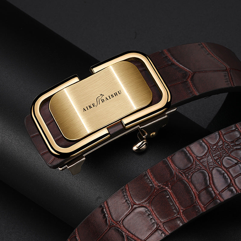 Men's genuine leather belt with brown gold buckle (kangaroo gift box) - automatic buckle design for casual and formal wear