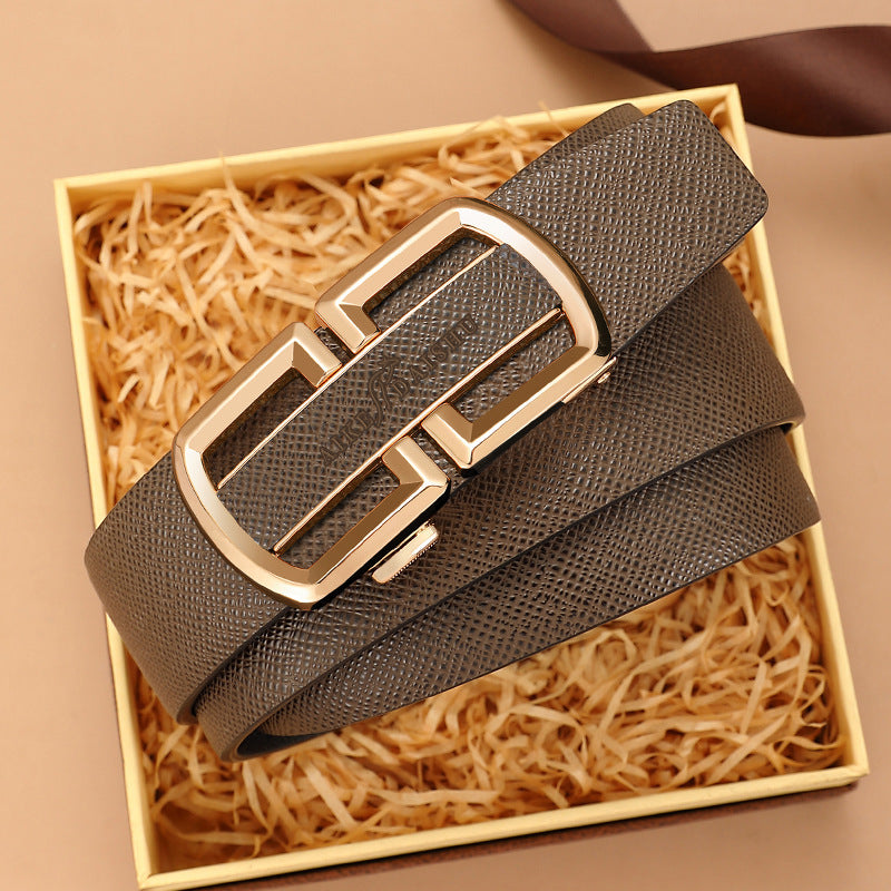 Men's genuine leather belt with brown gold buckle (kangaroo gift box) - automatic buckle design for casual and formal wear