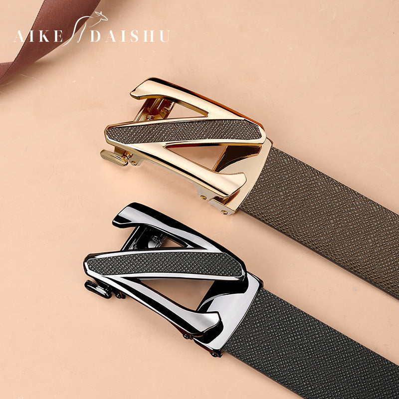 Men's genuine leather belt with brown gold buckle (kangaroo gift box) - automatic buckle design for casual and formal wear