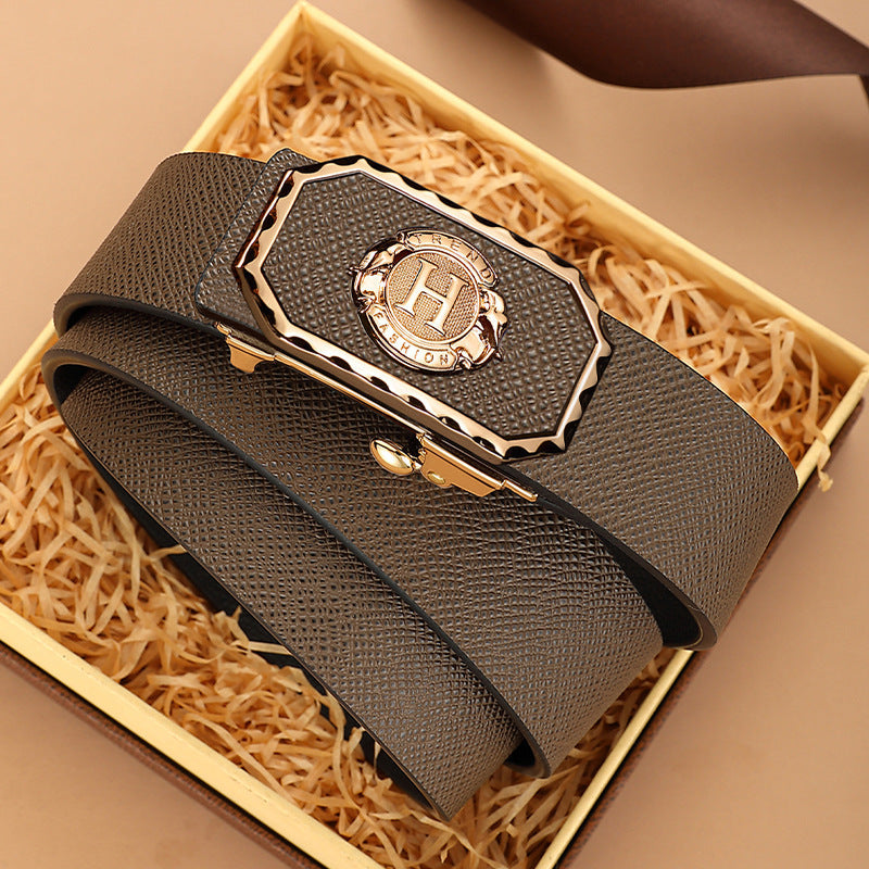 Men's genuine leather belt with brown gold buckle (kangaroo gift box) - automatic buckle design for casual and formal wear