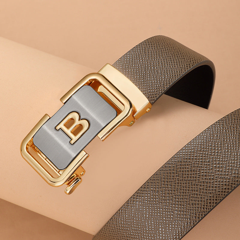 Men's genuine leather belt with brown gold buckle (kangaroo gift box) - automatic buckle design for casual and formal wear
