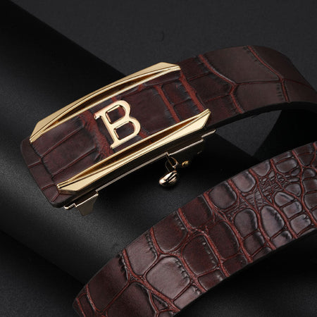 Men's genuine leather belt with brown gold buckle (kangaroo gift box) - automatic buckle design for casual and formal wear