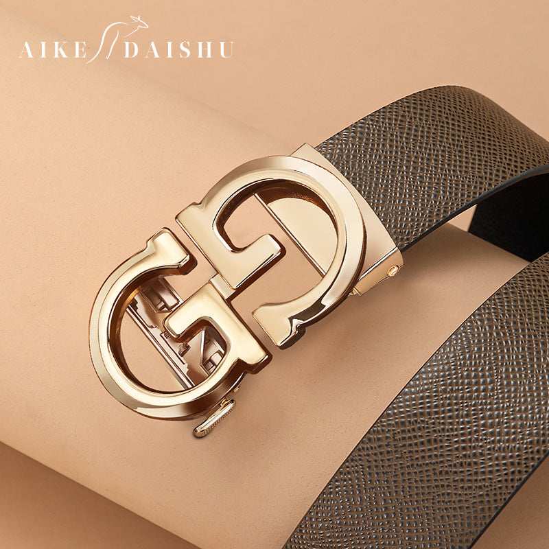 Men's genuine leather belt with brown gold buckle (kangaroo gift box) - automatic buckle design for casual and formal wear