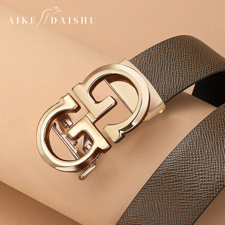 Men's genuine leather belt with brown gold buckle (kangaroo gift box) - automatic buckle design for casual and formal wear