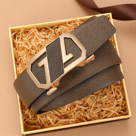 Men's genuine leather belt with brown gold buckle (kangaroo gift box) - automatic buckle design for casual and formal wear