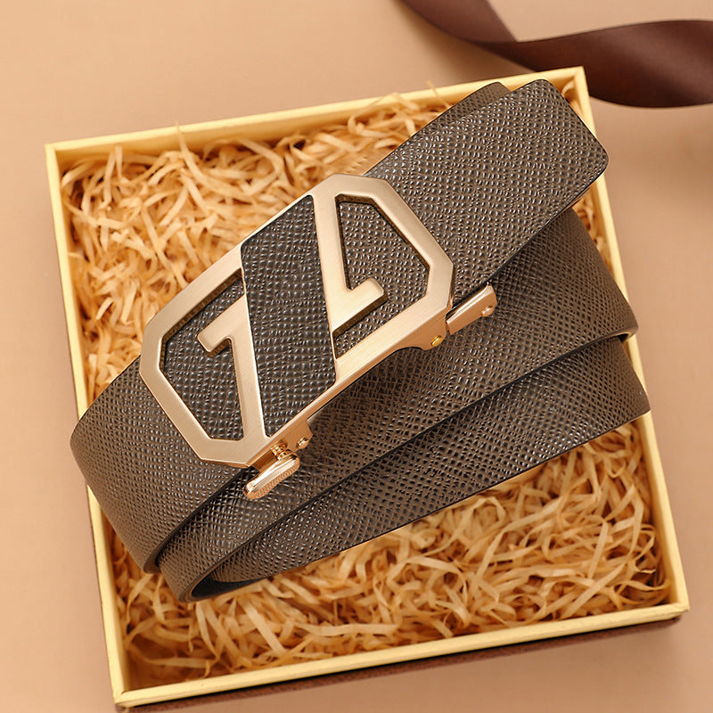 Men's genuine leather belt with brown gold buckle (kangaroo gift box) - automatic buckle design for casual and formal wear
