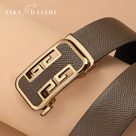 Men's genuine leather belt with brown gold buckle (kangaroo gift box) - automatic buckle design for casual and formal wear